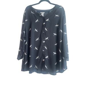 Catherines Black Sheer Collar Button Down Blouse with Novelty Flying Geese Print